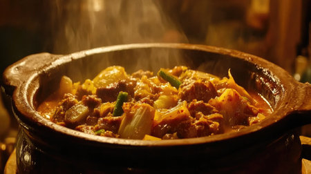 A vibrant shot of kimchi stew bubbling in a clay pot, with pieces of meat and vegetables visible, evoking warmth and comfort in this traditional Korean dishの素材