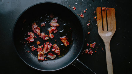 Bacon slices fried to a crisp in a black non-stick pan, with oil droplets and a rustic wooden spatula placed beside the pan for a cozy kitchen feelの素材