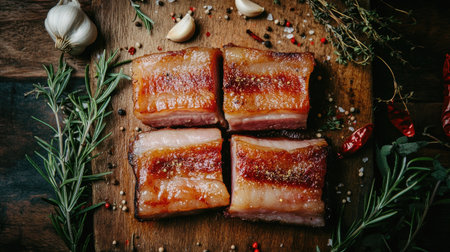 Crispy roasted pork belly on a wooden cutting board, surrounded by rosemary sprigs, garlic cloves, and chili flakes for a rustic lookの素材