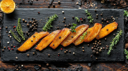 Golden, crispy bacon strips displayed on a slate serving board, with scattered herbs and peppercorns adding a rustic and appetizing touchの素材