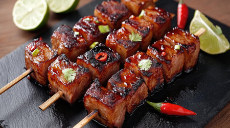 Grilled pork belly skewers with caramelized glaze, arranged on a black slate plate with chili peppers and lime wedgesの素材