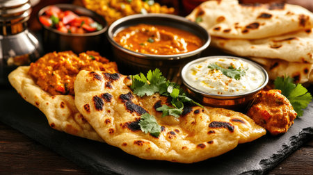 Golden naan bread with char marks, arranged on a slate board with a bowl of creamy yogurt dip and garnished with fresh cilantro leavesの素材