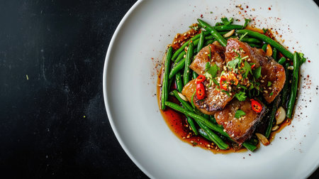 Pork belly stir-fried with green beans and garlic, garnished with chili flakes and served on a white ceramic plateの素材