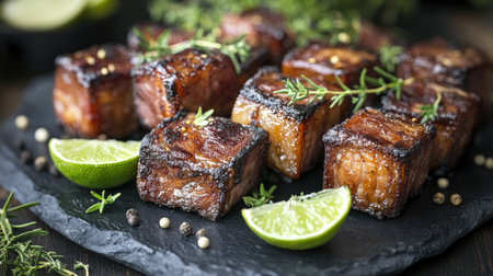 Golden pork belly cubes arranged on a slate platter with herbs and lime wedges, with a rustic background for added warmthの素材