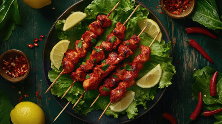 Tandoori chicken skewers with a smoky finish, resting on a bed of lettuce with lemon wedges and chili peppers for an added pop of colorの素材