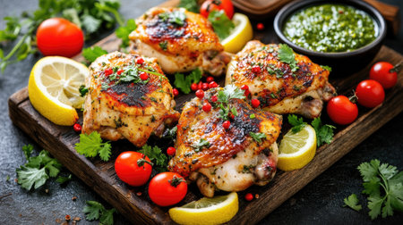 Juicy tandoori chicken thighs on a wooden board, garnished with coriander leaves and lemon slices, with a side of green mint chutneyの素材