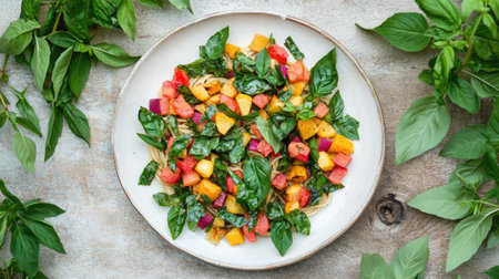 Vegan spaghetti with tomato sauce and mixed roasted vegetables, garnished with fresh basil leaves, presented on a white ceramic plate with a rustic tableの素材