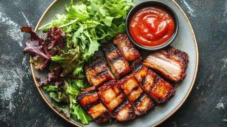 Pork belly slices with a layer of crispy skin, served on a ceramic plate with fresh greens and a dipping sauce bowlの素材