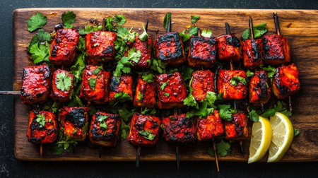 Grilled tandoori chicken pieces with a vibrant red-orange color, garnished with fresh cilantro and lemon wedges, served on a rustic wooden platterの素材