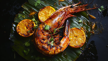 A perfectly grilled prawn with charred orange shells resting on a banana leaf plate, surrounded by tropical herbs and spices for decoration.の素材