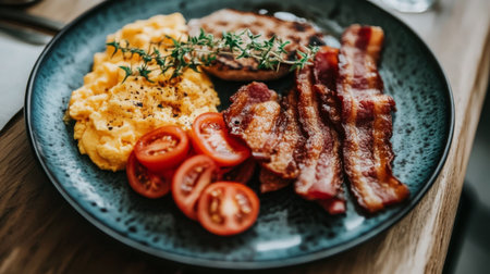 A plate of bacon next to scrambled eggs and freshly sliced tomatoes, creating a hearty breakfast spread on a wooden table.の素材