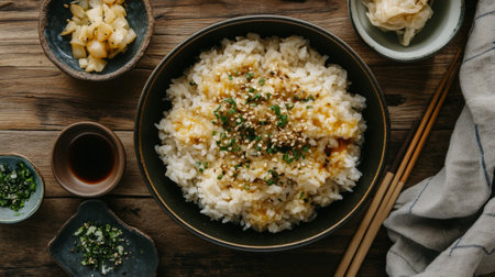 A rustic setting featuring a bowl of hot rice, accompanied by assorted side dishes and a drizzle of soy sauce, all arranged on a wooden surface for a homely feel.の素材