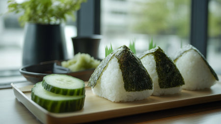 A simple and clean shot of triangular onigiri rice balls wrapped in nori, served on a traditional wooden tray, with a side of sliced cucumbers and pickles.の素材