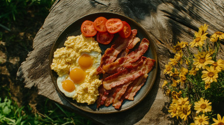 A plate of bacon next to scrambled eggs and freshly sliced tomatoes, creating a hearty breakfast spread on a wooden table.の素材