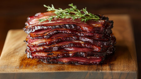 A stack of crispy bacon slices piled high on a wooden cutting board, with fat glistening under the light and fresh herbs as garnish.の素材