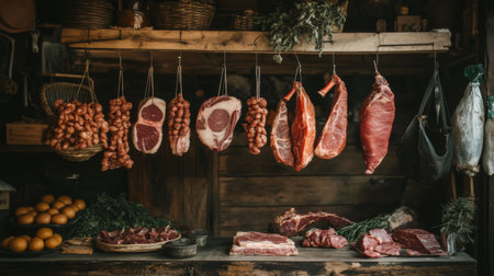 A rustic butcher's shop display featuring a variety of fresh meat cuts hanging, with wooden shelves and an earthy background for a traditional feel.の素材