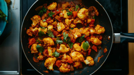 A top-down view of aloo gobi cooking in a pan, with spices and fresh vegetables sizzling together, emphasizing the delicious aromas filling the kitchen.の素材