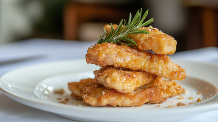A stack of golden-brown bacon strips arranged on a white plate, with a sprig of rosemary as garnish, ready to serve.の素材
