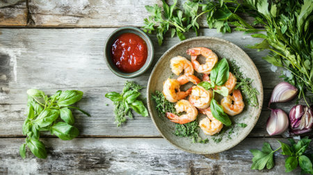 A rustic wooden table set with a plate of crispy tempura shrimp, surrounded by fresh herbs and a dipping sauce, creating a cozy and inviting atmosphere.の素材