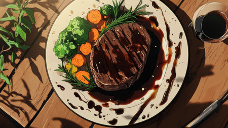 A steak resting on a stylish ceramic plate, surrounded by sauted vegetables, rosemary, and a splash of balsamic glaze for an artistic presentation.の素材