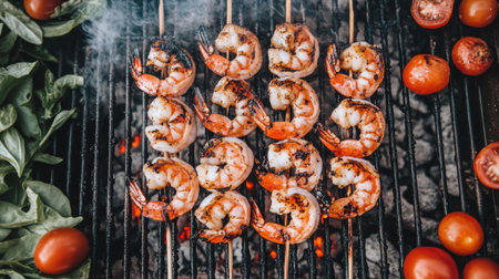 A top-down shot of skewers of marinated shrimp, placed on a grill with smoke rising, surrounded by fresh ingredients for a fresh, summery vibe.の素材