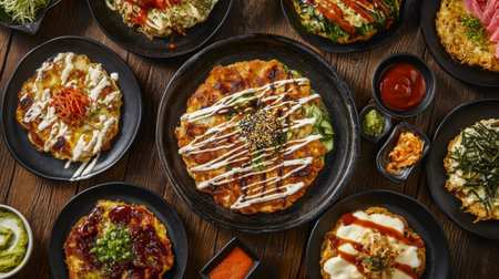 A top-down view of a colorful okonomiyaki feast, featuring different variations on a wooden table, garnished with sauces and fresh ingredients for an inviting scene.の素材