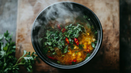 A top-down view of a steaming bowl of tom yum soup, beautifully garnished with fresh herbs and red chili, set on a wooden table with natural lighting.の素材