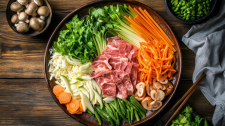 A top-down view of a colorful platter of sukiyaki ingredients, including vegetables, mushrooms, and thinly sliced meat, beautifully displayed on a wooden table.の素材