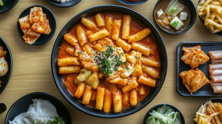 A top-down view of a table set with a large bowl of tteokbokki, surrounded by various Korean side dishes, creating an inviting and appetizing atmosphere for a feast.の素材