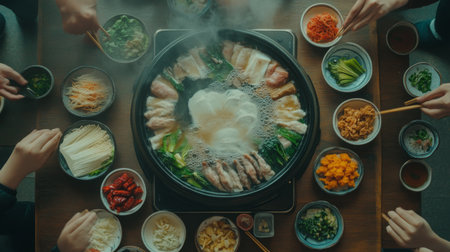 A top-down view of a festive sukiyaki gathering, featuring a large pot filled with bubbling broth surrounded by bowls of colorful ingredients ready for cooking.の素材