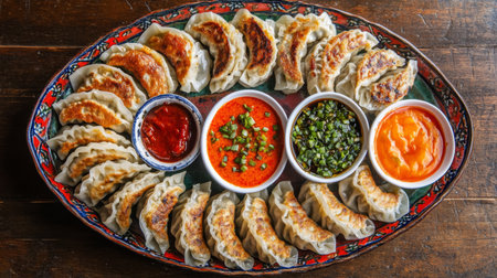 A top-down view of a colorful platter featuring assorted gyoza dumplings, including different fillings, beautifully arranged alongside dipping sauces for an inviting feast.の素材