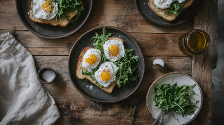 A top-down view of a rustic wooden table with toast topped with poached eggs and arugula, creating a healthy and appetizing breakfast presentation.の素材