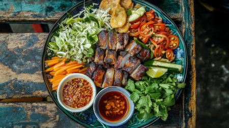 A top-down view of a vibrant platter featuring crispy pork belly, accompanied by fresh vegetables and a small bowl of fish sauce for dipping, creating an appetizing display.の素材