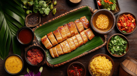 A top-down view of a festive table set with crispy pork belly, dipping sauces, and colorful side dishes, creating a vibrant and inviting atmosphere for a Thai meal.の素材