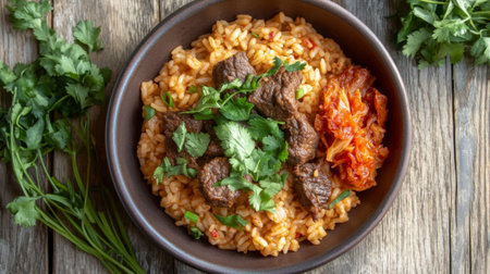 A top-down view of a hearty beef rice bowl with a side of kimchi and fresh herbs, arranged on a rustic wooden table for a warm and inviting meal.の素材