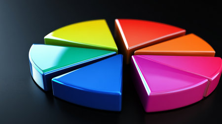 A vibrant D pie chart showcasing financial data, with glossy slices in various colors, set against a sleek black background, emphasizing data representation.の素材