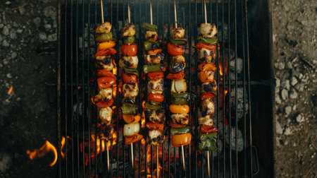 A top-down view of colorful vegetable and chicken skewers on a grill, with flames licking up from below and a smoky atmosphere enhancing the scene.の素材