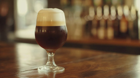 A tulip glass filled with a dark stout beer, creamy foam on top, placed on a polished wooden bar with warm lighting and blurred bottles in the background.の素材