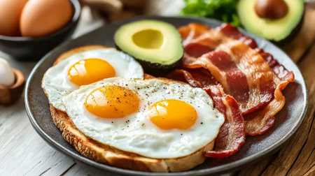 A vibrant breakfast spread featuring two fried eggs alongside crispy bacon, toast, and fresh avocado, arranged on a rustic wooden table for an inviting look.の素材