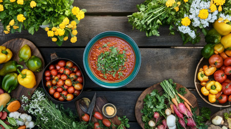A top-down view of a picnic spread featuring a bowl of chili dip, fresh vegetables, and herbs, creating a delightful and inviting atmosphere for outdoor dining.の素材