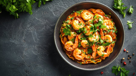 A top-down view of a fresh seafood pasta dish, featuring shrimp and mussels in a rich sauce, garnished with parsley and served in a large bowl.の素材