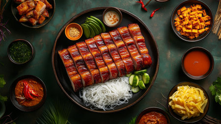 A top-down view of a festive table set with crispy pork belly, dipping sauces, and colorful side dishes, creating a vibrant and inviting atmosphere for a Thai meal.の素材