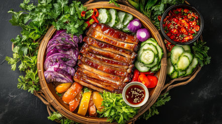 A top-down view of a vibrant platter featuring crispy pork belly, accompanied by fresh vegetables and a small bowl of fish sauce for dipping, creating an appetizing display.の素材