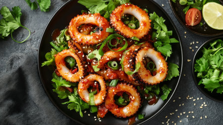 A vibrant plate of Korean spicy squid, beautifully arranged with glossy, red chili sauce coating the tender squid, garnished with sesame seeds and sliced green onions.の素材