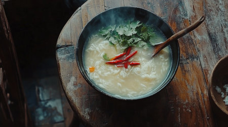A top-down view of a steaming bowl of tom yum soup, beautifully garnished with fresh herbs and red chili, set on a wooden table with natural lighting.の素材