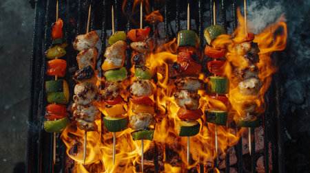 A top-down view of colorful vegetable and chicken skewers on a grill, with flames licking up from below and a smoky atmosphere enhancing the scene.の素材