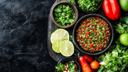A top-down view of a vibrant platter featuring homemade chili dip alongside a selection of fresh herbs and vegetables, creating an inviting and healthy snack display.の素材
