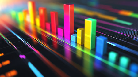 A vibrant D bar graph illustrating financial growth, with colorful bars rising at varying heights against a sleek, dark background, symbolizing success and progress.の素材