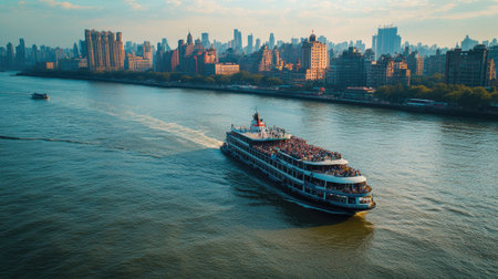 Aerial view of a crowded ferry transporting passengers across a river, with city buildings lining the shore.の素材