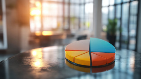 A D pie chart with bright segments, placed on a reflective surface, and a blurred business setting in the background.の素材